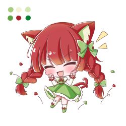  1girl :d absurdres ako_oekaki animal_ear_fluff animal_ears blush bow bowtie braid cat_ears cat_girl cat_tail chibi closed_eyes color_guide commentary_request dress fang frilled_dress frilled_sleeves frills full_body green_bow green_dress hair_bow hands_up highres juliet_sleeves kaenbyou_rin long_hair long_sleeves multiple_tails no_nose notice_lines open_mouth paw_pose puffy_sleeves red_bow red_bowtie red_hair red_tail simple_background smile solo standing tail touhou twin_braids two_tails very_long_hair white_background 