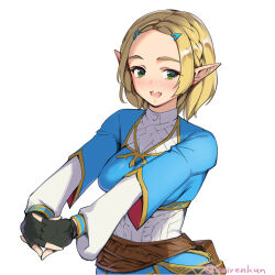  1girl :d blonde_hair blue_shirt braid breasts commentary_request crown_braid fingerless_gloves gloves green_eyes hair_ornament hairclip interlocked_fingers looking_at_viewer medium_breasts monbetsu_kuniharu nintendo official_alternate_hairstyle open_mouth outstretched_arms pointy_ears princess_zelda shirt short_hair sidelocks smile solo stretching the_legend_of_zelda the_legend_of_zelda:_tears_of_the_kingdom twitter_username white_background 