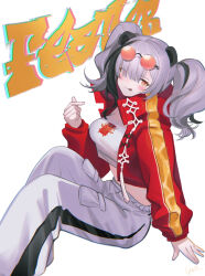  absurdres animal_ears arknights bear_ears black_hair cargo_pants character_name crop_top cropped_jacket eyewear_on_head feater_(arknights) feater_(gourmet)_(arknights) grey_hair hair_over_one_eye heart heart_hands highres jacket licking_lips multicolored_hair official_alternate_costume panda_ears panda_girl pants red-tinted_eyewear red_jacket round_eyewear streaked_hair striped_hair sunglasses tinted_eyewear tongue tongue_out twintails white_pants yunnasu 