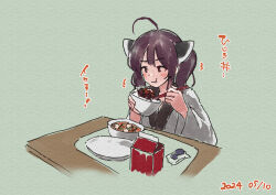  1girl :t ahoge blush bowl brown_eyes brown_hair chopsticks closed_mouth dated eating food food_request green_background headgear holding holding_bowl holding_chopsticks japanese_clothes kimono lamb_(hitsujiniku) long_sleeves plate solo table touhoku_kiritan translation_request twintails upper_body voiceroid wavy_mouth white_kimono wide_sleeves 