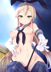 10s 1girl amatelas black_panties blonde_hair blush breasts combat_s-ko detached_collar elbow_gloves gloves green_eyes hairband highres kantai_collection long_hair looking_at_viewer navel nipples panties panty_lift personification sailor_collar shimakaze_(kancolle) skirt solo underwear white_gloves rating:Questionable score:97 user:danbooru