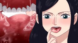  1boy 1girl animated animated_gif black_hair blue_eyes blush breath close-up giant giantess long_hair multiple_views nico_robin one_piece open_mouth saliva tagme teeth thedecade tongue tongue_out uvula vore 