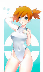 1990s_(style) 1girl asymmetrical_hair breasts covered_navel creatures_(company) curvy full_body game_freak green_eyes highres looking_at_viewer medium_breasts misty_(pokemon) namo19 navel nintendo one-piece_swimsuit open_clothes open_mouth orange_hair pokemon pokemon_(anime) pokemon_(classic_anime) pokemon_hgss ponytail retro_artstyle short_hair short_ponytail side_ponytail simple_background solo spread_legs swimsuit thighs white_background white_one-piece_swimsuit  rating:Sensitive score:20 user:Kasu86