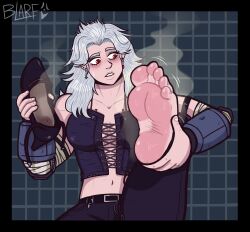  1girl absurdres barefoot blarf022 blush corset dorohedoro foot_focus foot_up high_heels highres holding holding_shoes midriff navel noi_(dorohedoro) red_eyes shoes smell solo steam sweat white_hair  rating:Sensitive score:17 user:esketitheb