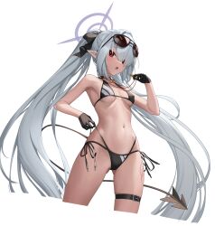  1girl absurdres bare_shoulders bikini black_bikini black_gloves blue_archive breasts choker cropped_legs dark-skinned_female dark_skin demon_tail eyewear_on_head gloves grey_hair hair_over_one_eye hair_ribbon halo highres iori_(blue_archive) iori_(swimsuit)_(blue_archive) long_hair looking_at_viewer navel open_mouth pjman pointy_ears red_eyes ribbon simple_background small_breasts solo sunglasses swimsuit tail thigh_strap thighs twintails underboob very_long_hair whistle white_background  rating:Sensitive score:23 user:danbooru