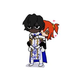  1boy 1girl animated animated_gif annoyed arjuna_(fate) caffstrink cape chaldea_uniform chibi dark-skinned_male dark_skin fate/grand_order fate_(series) flapping fujimaru_ritsuka_(female) heart hug kiss licking partially_shaded_face poking side_ponytail simple_background smile standing very_dark_skin white_background 