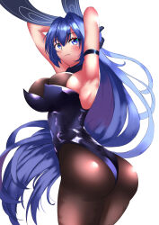  absurdly_long_hair alternate_costume armpits ass azur_lane blue_eyes blue_hair breasts bunny_girl collar hair_between_eyes hair_intakes hands_behind_own_head large_breasts leotard long_hair navel new_jersey_(azur_lane) new_jersey_(exhilarating_steps!)_(azur_lane) official_alternate_costume purplecat rabbit_ears simple_background thighhighs very_long_hair 