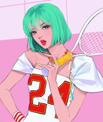  1girl blackpink bob_cut commentary english_commentary eyeliner green_hair hand_on_own_hip highres holding holding_racket jewelry k-pop lisa_(blackpink) looking_at_viewer makeup necklace ngop open_mouth pink_background racket real_life red_eyeliner red_lips ring short_hair solo tennis_racket upper_body white_nails wristband 