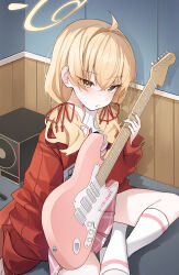  1girl absurdres blonde_hair blue_archive blush e_name electric_guitar fingernails guitar hair_between_eyes halo highres holding holding_instrument indoors instrument jacket long_hair long_sleeves looking_at_viewer low_twintails official_alternate_costume open_clothes open_jacket parted_lips pink_skirt pleated_skirt red_jacket sitting skirt socks solo twintails white_socks yellow_eyes yellow_halo yoshimi_(band)_(blue_archive) yoshimi_(blue_archive) 