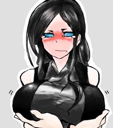 10s 1girl @_@ abyssal_ship bad_id bad_pixiv_id black_hair blue_eyes blush breast_conscious breast_hold breasts facing_viewer full-face_blush grey_background huge_breasts kantai_collection long_hair outline ru-class_battleship sidelocks simple_background solo sukueni tearing_up upper_body rating:Sensitive score:15 user:danbooru