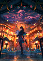  1girl architecture black_footwear black_hair black_jacket black_pantyhose black_skirt boots bouquet briefcase building closed_mouth cloud east_asian_architecture flower highres holding holding_bouquet holding_briefcase jacket lamp long_hair looking_back night night_sky original outdoors pantyhose red_eyes scenery shuu_illust skirt sky smile stairs tree 