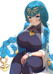 1girl absurdres aged_up anchor_hair_ornament blue_eyes blue_hair blue_kimono blue_wetsuit blush bodysuit borrowed_design breasts circlet closed_mouth commentary_request commission creatures_(company) diving_suit game_freak hair_flaps hair_ornament happi highres hizakake huge_breasts japanese_clothes jewelry kimono lana_(pokemon) long_hair looking_at_viewer low-braided_long_hair low-tied_long_hair necklace nintendo open_clothes open_kimono pixiv_commission pokemon pokemon_sm shadow sidelocks sitting smile solo very_long_hair wetsuit z-ring