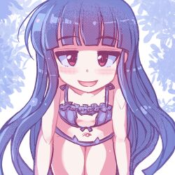  1girl all_fours blue_hair blunt_bangs blush bra cat_lingerie collarbone commentary_request flat_chest foliage furude_rika higurashi_no_naku_koro_ni keyhole_bra leaf loli long_hair looking_at_viewer meme_attire navel open_mouth panties red_eyes simple_background smile solo straight-on torotei underwear white_background  rating:Questionable score:23 user:danbooru
