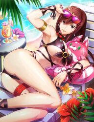  1girl armpits artist_request ass breasts brown_hair chair cocktail_glass cup day drinking_glass earrings erza_scarlet fairy_tail flower glass gold highres jewelry large_breasts lips long_hair nails o-ring plant red_eyes sand smile source_request sunglasses_on_head sunlight swimsuit table underboob water  rating:Sensitive score:33 user:Miyuki_Lust