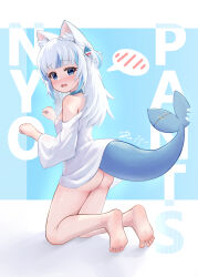  1girl absurdres animal_ear_fluff animal_ears ass bare_legs barefoot blue_choker blue_eyes blue_hair blunt_bangs blush breasts choker embarrassed eyelashes fang fins fish_tail fpvjoe from_side full_body furrowed_brow gawr_gura hair_ornament hands_up highres hololive hololive_english kneeling legs long_hair looking_at_viewer multicolored_hair naked_shirt no_panties no_pants nose_blush off_shoulder open_mouth paw_pose shark_hair_ornament shark_tail shirt single_bare_shoulder skin_fang small_breasts solo spoken_blush streaked_hair tail tail_lift tail_raised text_background toes turning_head two_side_up virtual_youtuber wavy_mouth white_hair white_shirt wide_sleeves 