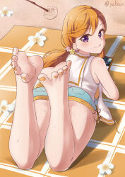  1girl :q absurdres ass barefoot cellphone feet feet_up from_behind full_body highres licking_lips long_hair looking_at_viewer looking_back love_live! love_live!_superstar!! lying nail_polish on_stomach orange_hair phone purple_eyes shibuya_kanon short_shorts shorts smartphone soles solo sweat the_pose toenail_polish toenails toes tongue tongue_out yellow_nails yzlkun  rating:Sensitive score:38 user:ssfl