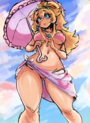 1girl alternate_hairstyle bare_arms bare_shoulders bikini blonde_hair blue_eyes breasts cleavage cloud collarbone contrapposto crown earrings eyewear_on_head from_below genkillua gluteal_fold head_tilt heart highres hip_focus holding holding_umbrella jewelry legs_apart lips long_hair looking_at_viewer looking_down mario_(series) medium_breasts navel nintendo outdoors parasol parted_lips pink_bikini pink_umbrella princess_peach print_sarong sarong sketch sky smile solo stomach sunglasses super_mario_odyssey swimsuit thighs umbrella underboob white_sarong  rating:Sensitive score:22 user:pc88