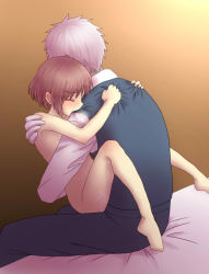  1boy 1girl age_difference barefoot bed biting brown_hair closed_eyes clothed_male_nude_female cum cum_in_pussy dark_skin feet hetero hug indoors loli nude pixiv_thumbnail resized sex short_hair simple_background spread_legs  rating:Explicit score:47 user:sweetlilcumdump