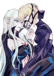  2girls artoria_pendragon_(all) artoria_pendragon_(fate) black_dress black_nails black_ribbon blonde_hair blue_eyes blue_lips blue_nails braid breasts cleavage commentary_request dress eye_contact fate/apocrypha fate/grand_order fate/stay_night fate_(series) fingernails french_braid hair_ribbon highres incest lips lipstick long_sleeves looking_at_another makeup morgan_le_fay_(fate) multiple_girls muzzle ribbon saber_alter short_hair siblings simple_background sisters sitting sitting_on_person tattoo white_background yellow_eyes yin_(yin_ya) yuri 