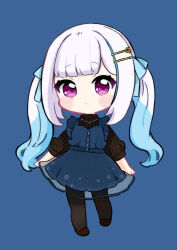  1girl absurdres black_pantyhose black_sweater blue_background blue_bow blue_dress blue_hair blush_stickers bow brown_footwear chibi closed_mouth commentary dress full_body grey_hair hair_bow hair_ornament hairclip highres lize_helesta long_sleeves multicolored_hair nijisanji nozo_(hitomiz) pantyhose puffy_long_sleeves puffy_sleeves purple_eyes ribbed_sweater shoes simple_background sleeveless sleeveless_dress solo standing standing_on_one_leg sweater turtleneck turtleneck_sweater twintails two-tone_hair virtual_youtuber 