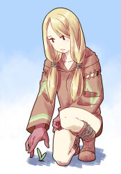 06erunium 1girl blonde_hair boots closed_mouth collarbone dress final_fantasy final_fantasy_tactics frown full_body geomancer_(fft) gloves highres long_hair simple_background skirt solo twintails 