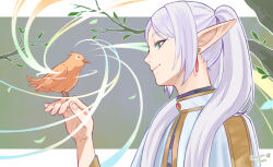  1girl absurdres afureru_colors artist_name bird bird_on_hand capelet earrings elf falling_leaves frieren gem gold_trim green_eyes hair_over_shoulder hand_up head_tilt highres jewelry leaf letterboxed long_hair looking_at_animal outside_border pointy_ears profile red_gemstone sidelocks smile sousou_no_frieren thick_eyebrows tree tsurime turtleneck twintails upper_body white_capelet white_hair 