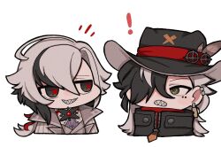  ! +++ 1boy 1girl arlecchino_(genshin_impact) asymmetrical_hair black_eyes black_hair boothill_(honkai:_star_rail) chibi chibi_only company_connection cowboy_hat crossover earclip earrings genshin_impact green_eyes grey_hair grin hair_between_eyes hair_over_one_eye hat honkai:_star_rail honkai_(series) jacket jewelry long_bangs long_hair looking_at_another multicolored_hair red_hair red_pupils sharp_teeth smile surprised symbol-shaped_pupils teeth x-shaped_pupils zipper zipper_pull_tab zunusama 