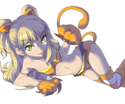 10s 1girl :p animal_costume animal_ears animal_hands armlet bare_shoulders blonde_hair costume fake_animal_ears fake_tail female_focus idolmaster idolmaster_cinderella_girls jougasaki_rika long_hair lying re~men simple_background solo striped_clothes striped_thighhighs tail thighhighs tongue tongue_out white_background