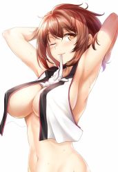 10s 1girl armpits arms_behind_head arms_up blush breasts brown_eyes brown_hair crop_top crop_top_overhang eyebrows gloves unworn_gloves kantai_collection large_breasts mouth_hold mutsu_(kancolle) navel no_bra okitakung one_eye_closed simple_background smile solo sweat underboob upper_body white_background white_gloves rating:Questionable score:32 user:danbooru