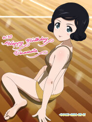  1girl black_hair blue_eyes blush blush_stickers breasts character_name dated girls_und_panzer happy_birthday looking_at_viewer naotosi short_hair small_breasts smile solo swimsuit teramoto_tomiko tongue tongue_out 