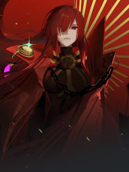  1girl bodysuit breasts chain cloak eyebrows_hidden_by_hair fate/grand_order fate_(series) hair_over_one_eye highres looking_at_viewer oda_nobunaga_(fate) oda_nobunaga_(maou_avenger)_(fate) red_background red_eyes red_hair simple_background solo yukuso_(dabiandang)  rating:Sensitive score:17 user:danbooru