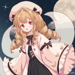  1girl absurdres adapted_costume alternate_hair_length alternate_hairstyle arms_at_sides artist_name beret black_dress black_ribbon blonde_hair blush chinese_commentary commentary_request cowboy_shot crescent_print d: dress drill_hair dutch_angle eyelashes fairy fairy_wings frilled_sleeves frills full_moon hair_between_eyes hair_intakes hat highres kagurachiriri looking_at_viewer luna_child moon moon_print neck_ribbon night open_clothes open_dress open_mouth outdoors pointy_ears red_eyes ribbon sidelocks simple_background sleeves_past_fingers sleeves_past_wrists slit_pupils touhou ufo white_dress white_hat wide_sleeves wings 