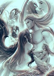  1boy 1girl aerith_gainsborough arms_around_neck ass blush braid braided_ponytail closed_eyes couple dated feathered_wings final_fantasy final_fantasy_vii final_fantasy_vii_rebirth final_fantasy_vii_remake hair_slicked_back hetero highres hug imminent_kiss kay-i kiss long_bangs long_hair multiple_views multiple_wings nude parted_bangs safer_sephiroth sephiroth sex sidelocks single_braid single_wing straight_hair twitter_username wavy_hair wings 
