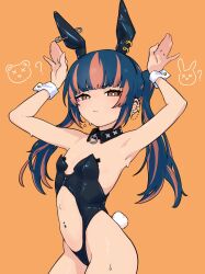 1girl animal_ears arched_back armpits arms_up bare_shoulders black_leotard blue_hair closed_mouth commentary cowboy_shot cross_pasties detached_collar ear_chain ear_piercing fake_animal_ears flat_chest highres leotard looking_at_viewer medium_hair multicolored_hair navel navel_piercing orange_background orange_eyes orange_hair original oversized_breast_cup pasties piercing playboy_bunny post_(shake_shakepost) presenting_armpit rabbit_ears rabbit_tail safety_pin solo spike_piercing strapless strapless_leotard sweat symbol-only_commentary tail twintails two-tone_hair wrist_cuffs 
