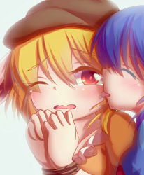 2girls absurdres animal_ears bdsm blonde_hair blue_hair bondage bound bound_wrists commentary_request dior-zi closed_eyes floppy_ears hat highres licking licking_another&#039;s_cheek licking_another&#039;s_face multiple_girls one_eye_closed open_mouth portrait rabbit_ears red_eyes restrained ringo_(touhou) seiran_(touhou) tears tongue tongue_out touhou wavy_mouth yuri rating:Sensitive score:4 user:danbooru