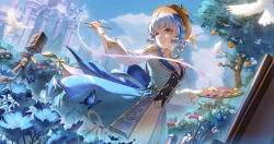  1girl absurdres animal ayaka_(genshin_impact) bird blue_dress blue_flower blue_hair blue_sky blunt_ends braid breasts brown_hat bug butterfly camera canvas_(object) cloud commentary_request crystalfly_(genshin_impact) day dress easel flower genshin_impact grey_eyes hair_rings hat highres holding holding_paintbrush insect kamisato_ayaka kamisato_ayaka_(springbloom_missive) long_sleeves looking_to_the_side medium_breasts official_alternate_costume outdoors paintbrush painttool_sai_(medium) palette_(object) puffy_long_sleeves puffy_sleeves shirt sky sleeveless sleeveless_dress solo tree twin_braids white_shirt yiyu_qing_mang 