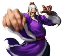 belt chinese_clothes fighting_stance gen_(street_fighter) hair_bun kung_fu no_pupils old purple_shirt red_belt shirt simple_background single_hair_bun street_fighter white_beard white_hair