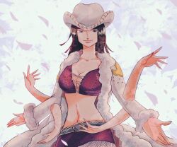 1girl black_hair blue_eyes coat commentary_request cowboy_hat cowboy_shot crop_top cross-laced_clothes cross-laced_top extra_arms hana_hana_no_mi hat light_smile long_sleeves looking_at_viewer medium_hair navel nico_robin one_piece petals purple_shirt purple_skirt shirt skirt smile solo white_background white_coat wnp_lo