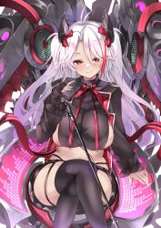  1girl azur_lane black_panties black_shorts blush boots bow breasts crop_top crossed_legs grin hair_bow hair_over_one_eye half-closed_eyes hand_up headgear highleg highleg_panties highres holding holding_microphone large_breasts long_hair looking_at_viewer micro_shorts microphone microphone_stand midriff mole mole_on_breast multicolored_hair mutou_mame orange_eyes panties plaid plaid_bow prinz_eugen_(azur_lane) prinz_eugen_(muse)_(azur_lane) red_bow red_hair rigging shorts sideboob sideboob_cutout sitting smile solo streaked_hair thigh_boots two-tone_hair underwear very_long_hair white_hair 