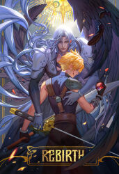  2boys aqua_eyes armor ball bangle belt black_coat black_feathers black_gloves black_pants black_wings blonde_hair blood blood_on_face blue_shirt bracelet brown_belt buster_sword chest_strap closed_mouth cloud_strife coat cowboy_shot falling_feathers falling_petals fan_yang_(jiuge) feathered_wings feathers final_fantasy final_fantasy_vii final_fantasy_vii_rebirth final_fantasy_vii_remake gloves grey_hair hair_between_eyes hand_on_another&#039;s_back highres holding holding_ball holding_sword holding_weapon jewelry long_bangs long_hair long_sleeves male_focus masamune_(ff7) materia multiple_boys pants parted_bangs petals sephiroth shirt short_hair shoulder_armor single_bare_shoulder single_shoulder_pad single_wing sleeveless sleeveless_turtleneck smile spiked_hair suspenders sword turtleneck very_long_hair weapon wings yaoi 