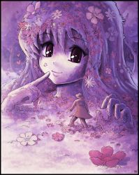 coat dryad felarya finger_to_mouth flower giant giantess hat karbo monster_girl pink_eyes plant_girl tree trench_coat rating:Sensitive score:3 user:danbooru