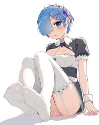  1girl :/ babywipes blue_eyes blue_hair breasts commentary english_commentary feet foot_focus full_body garter_straps hair_ornament hair_over_one_eye highres knees_to_chest large_breasts looking_at_viewer maid maid_headdress no_shoes pink_ribbon puffy_short_sleeves puffy_sleeves re:zero_kara_hajimeru_isekai_seikatsu rem_(re:zero) ribbon roswaal_mansion_maid_uniform short_sleeves sitting solo thighhighs white_thighhighs x_hair_ornament  rating:Questionable score:30 user:danbooru