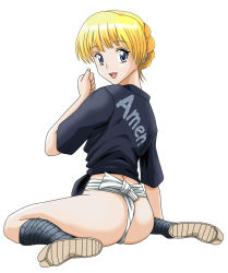 00s 1girl :d ass blonde_hair blue_eyes fundoshi highres japanese_clothes looking_at_viewer miyakome mizu_happi open_mouth sandals sarah_adiemus school_rumble simple_background sitting smile solo tabi totome wariza white_background