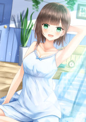  1girl alarm_clock arm_up armpits bangs bed bedroom blanket blunt_bangs book breasts brown_hair cleavage clock collarbone commentary curtains english_commentary green_eyes hanging_plant highres indoors looking_at_viewer medium_breasts on_bed original pillow plant potted_plant senri_(senri_sen) short_hair sitting sitting_on_bed sleepwear smile solo sunlight upper_teeth 