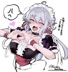  1girl absurdres ahoge anger_vein artist_name closed_eyes collarbone fingernails funkysatou furrowed_brow grey_hair heart heart_in_mouth highres maid maid_headdress messy_hair moe_moe_kyun! motion_lines senki_zesshou_symphogear shiny_skin solo spoken_anger_vein spoken_heart thought_bubble tongue translated twintails white_background white_hair yukine_chris 