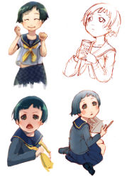  1girl atlus blunt_bangs blush_stickers can clenched_hands closed_mouth holding holding_can looking_at_viewer matsunaga_ayane megami_tensei multiple_views neckerchief open_mouth parted_lips persona persona_4 pleated_skirt school_uniform seiza serafuku sheet_music shin_megami_tensei short_hair sitting skirt smile triangle_mouth  rating:Sensitive score:7 user:danbooru