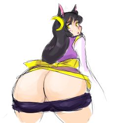 1boy androgynous animal_ears ass black_hair blush butt_crack cat_boy cat_ears cowboy_shot crossdressing highres hip_focus huge_ass japanese_clothes kimono lipstick long_hair looking_back makeup male_focus mole rei_(yellow_kirby) short_shorts shorts simple_background solo trap wardrobe_malfunction white_background wide_hips yellow_eyes yellow_kirby rating:Questionable score:54 user:CerberusPhoenix