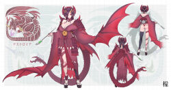  1girl bare_shoulders black_hair breasts character_name cleavage destoroyah dragon_girl eyeshadow from_behind full_body gamerag godzilla_(series) godzilla_vs._destoroyah holding holding_smoking_pipe horns japanese_clothes kaijuu kiseru large_breasts makeup monster_girl oiran personification red_eyeshadow sandals single_horn single_thighhigh smile smoking_pipe solo tabi tail thighhighs toho 