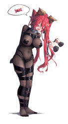  1girl 1other :d absurdres ball_gag bdsm blush bodystocking bound bound_arms bound_legs breasts candy closed_eyes collar commentary_request disembodied_limb fang food full_body gag hair_ribbon highres horns large_breasts long_hair metal_collar monoglove open_mouth original pasties red_hair ribbon shadow skin_fang smile speech_bubble standing tape tape_bondage tape_on_nipples twintails variant_set very_long_hair white_background wiffle_gag xiongmao 