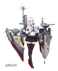  1girl absurdres black_skirt black_thighhighs blue_eyes blush breasts chenche-jun coat_of_arms hair_between_eyes high_heels highres large_breasts leotard long_bangs long_hair looking_at_viewer medal military_uniform miniskirt monocle official_art pleated_skirt red_footwear rigging schleswig-holstein_(warship_girls_r) shiny_clothes shiny_legwear shiny_skin simple_background skindentation skirt smile solo tablet_pc thighhighs uniform warship_girls_r white_background white_hair white_leotard 